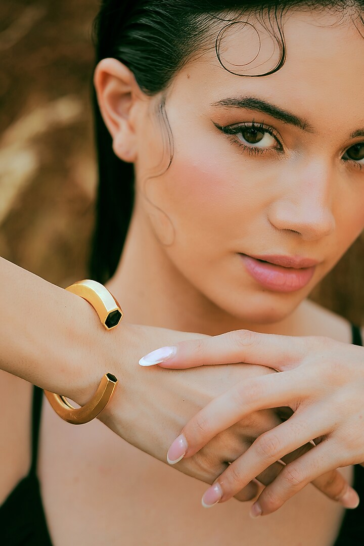 Gold Plated Black Enameled Cuff Bangle by Varnika Arora at Pernia's Pop Up Shop