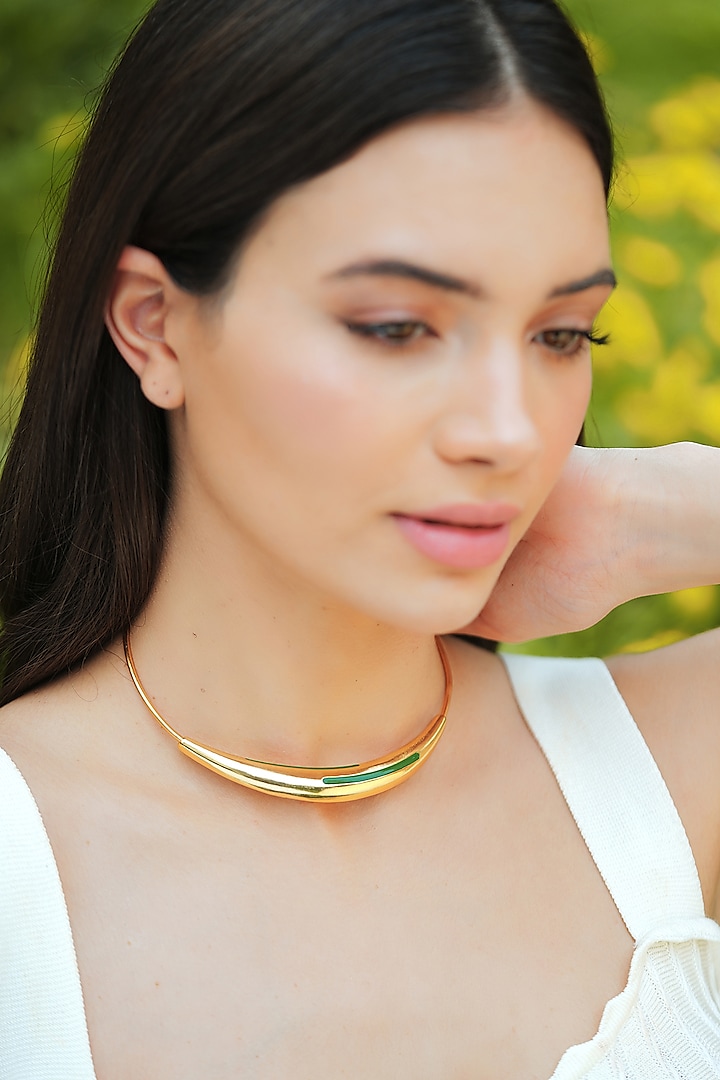 Gold Plated Green Enameled Necklace by Varnika Arora at Pernia's Pop Up Shop