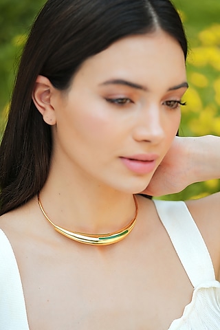 Gold Plated Green Enameled Necklace by Varnika Arora