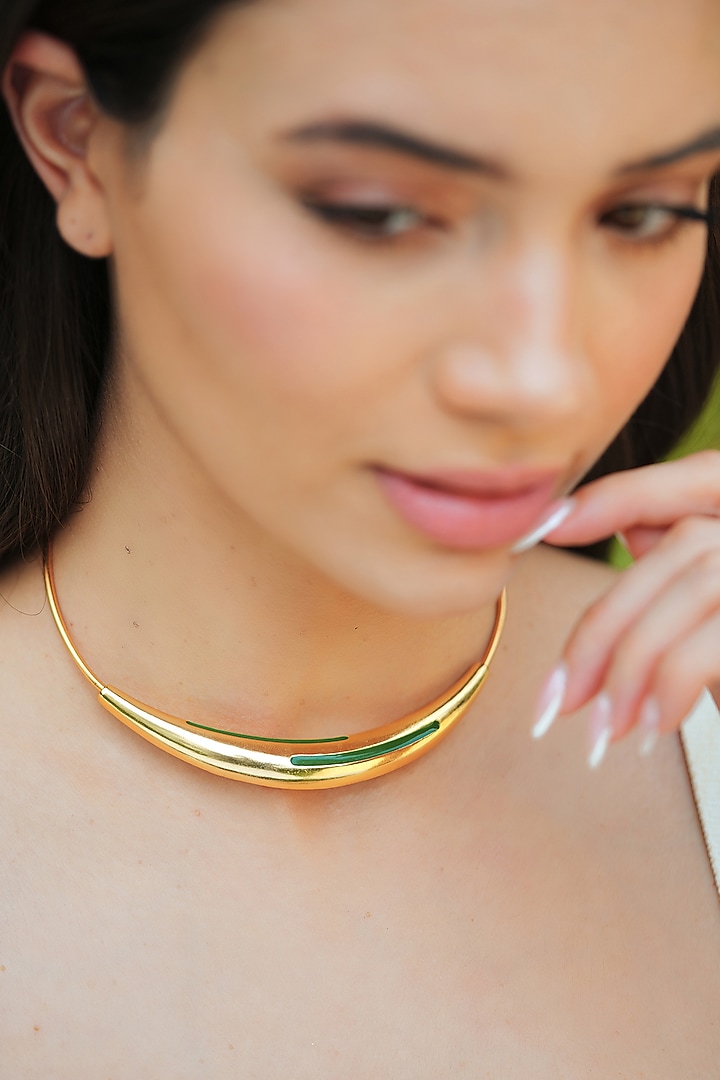 Gold Plated Green Enameled Necklace by Varnika Arora at Pernia's Pop Up Shop