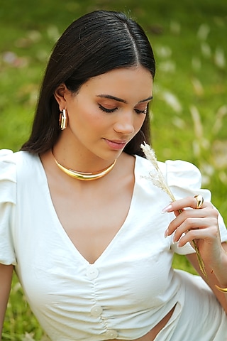 Gold Plated White Enameled Necklace by Varnika Arora