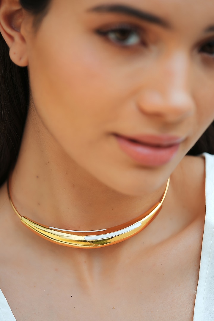 Gold Plated White Enameled Necklace by Varnika Arora at Pernia's Pop Up Shop