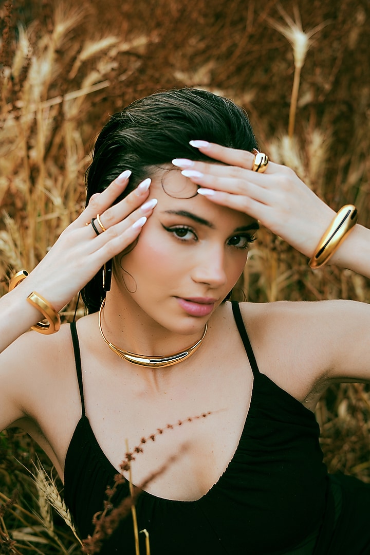 Gold Plated Black Enameled Necklace by Varnika Arora at Pernia's Pop Up Shop