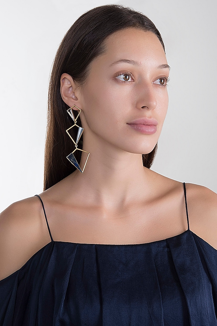 Gold Plated Light Blue Onyx Earrings by Varnika Arora