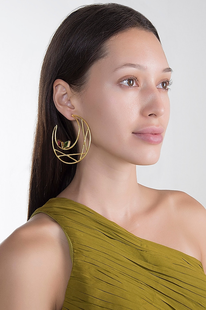 Gold Plated Peridot & Pink Quartz Hoops Earrings by Varnika Arora