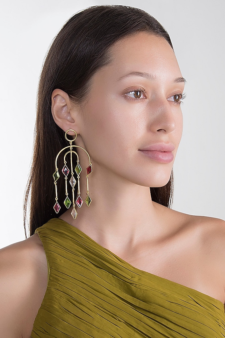 Gold Plated Pink Quartz & Rock Crystal Earrings by Varnika Arora
