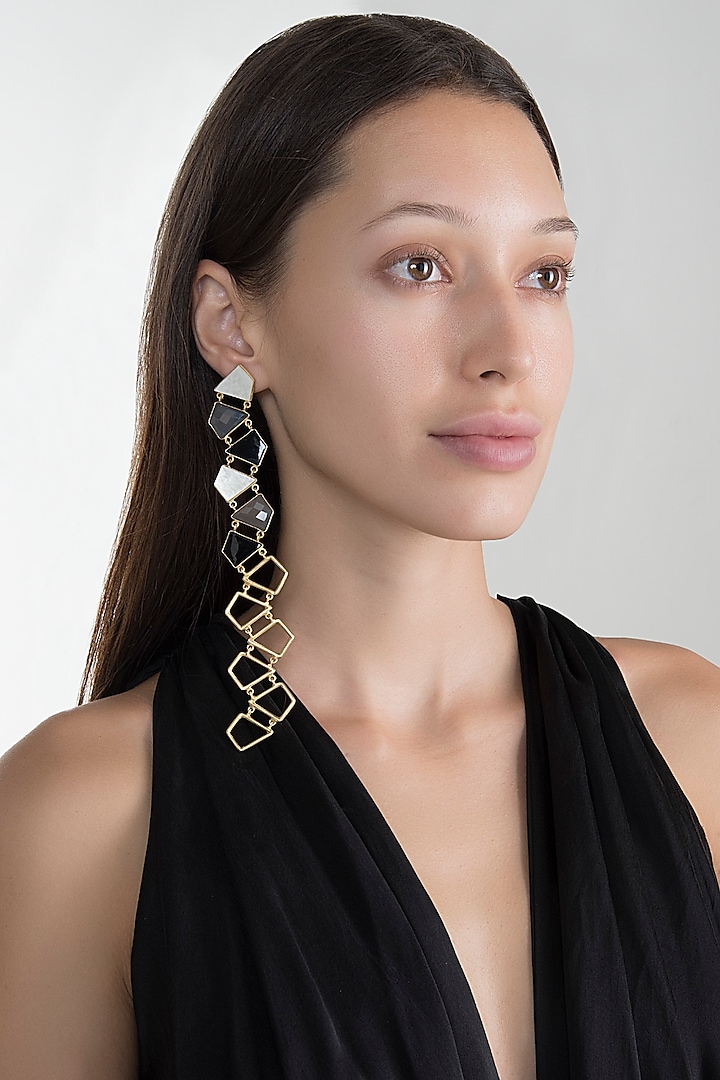 Gold Plated Grey & Black Onyx Earrings by Varnika Arora