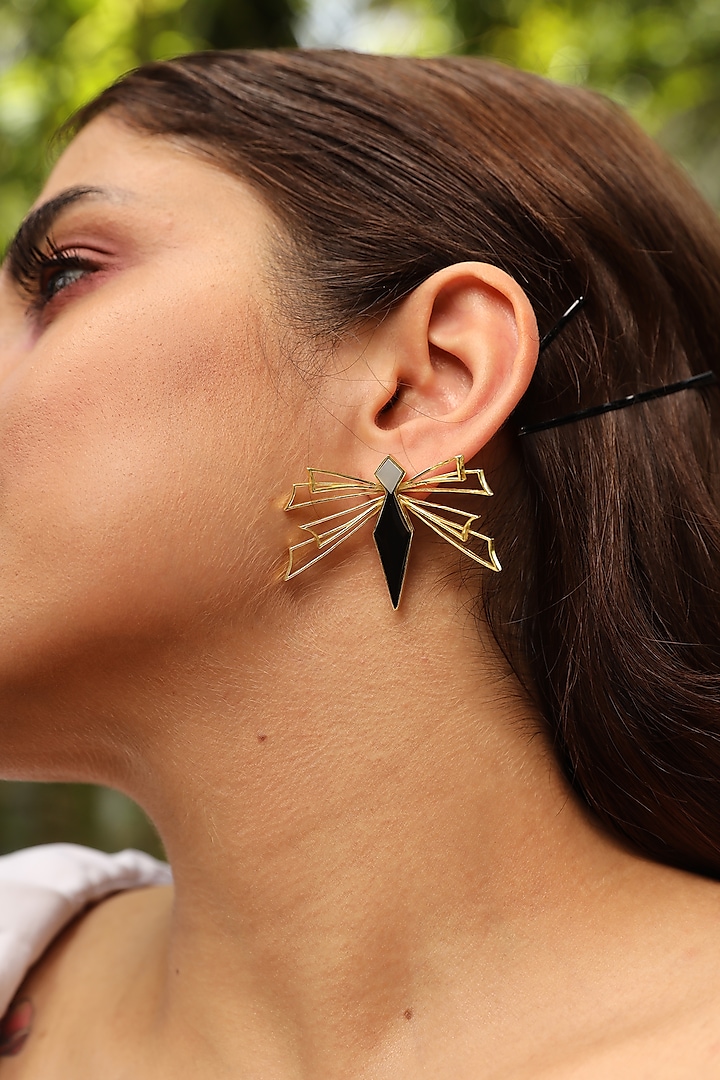 Gold Finish Enameled Stud Earrings by Varnika Arora
