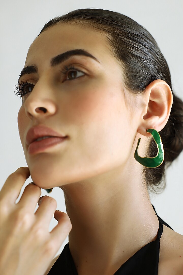 Gold Finish Green Fluid Hoop Earrings by Varnika Arora at Pernia's Pop Up Shop