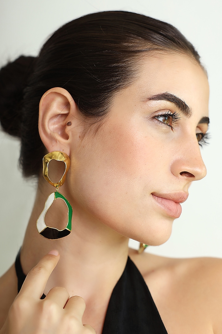 Gold Finish Enameled Abstract Dangler Earrings by Varnika Arora at Pernia's Pop Up Shop