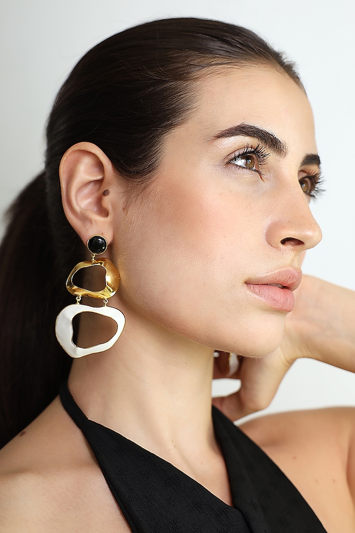 Gold Finish Black Onyx Enameled Dangler Earrings by Varnika Arora at Pernia's Pop Up Shop