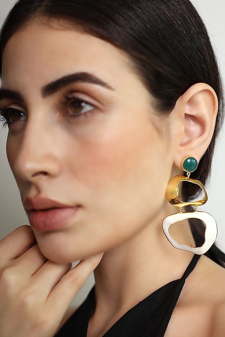 Gold Finish Onyx Enameled Dangler Earrings by Varnika Arora at Pernia's Pop Up Shop