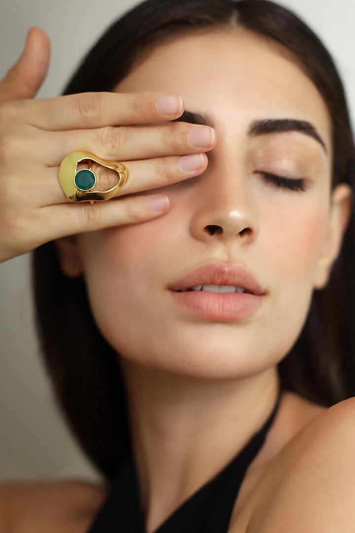 Gold Finish Green Onyx Ring by Varnika Arora at Pernia's Pop Up Shop