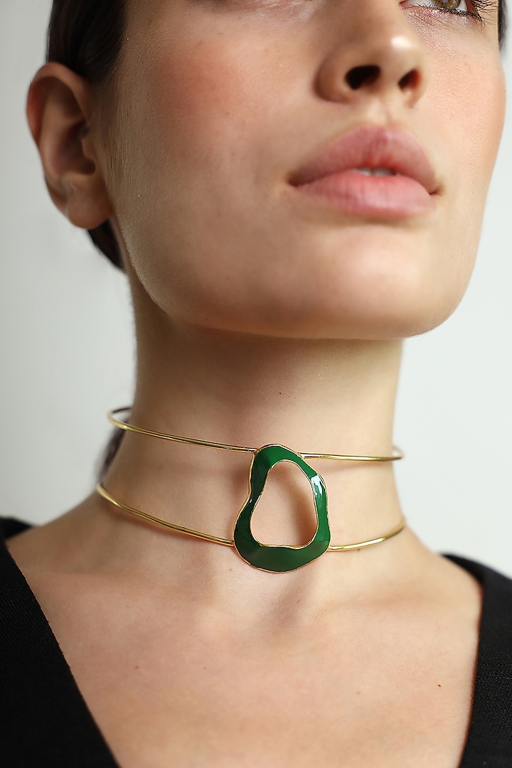 Gold Finish Green Enameled Choker Necklace by Varnika Arora