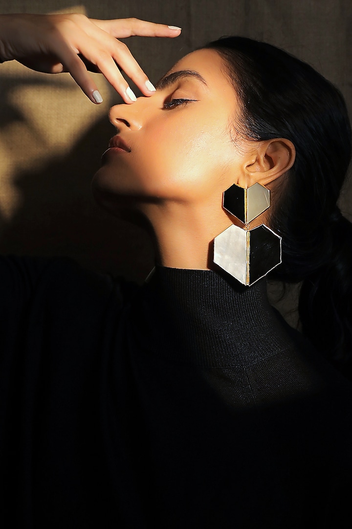 Gold Plated Black Onyx Dangler Earrings by Varnika Arora