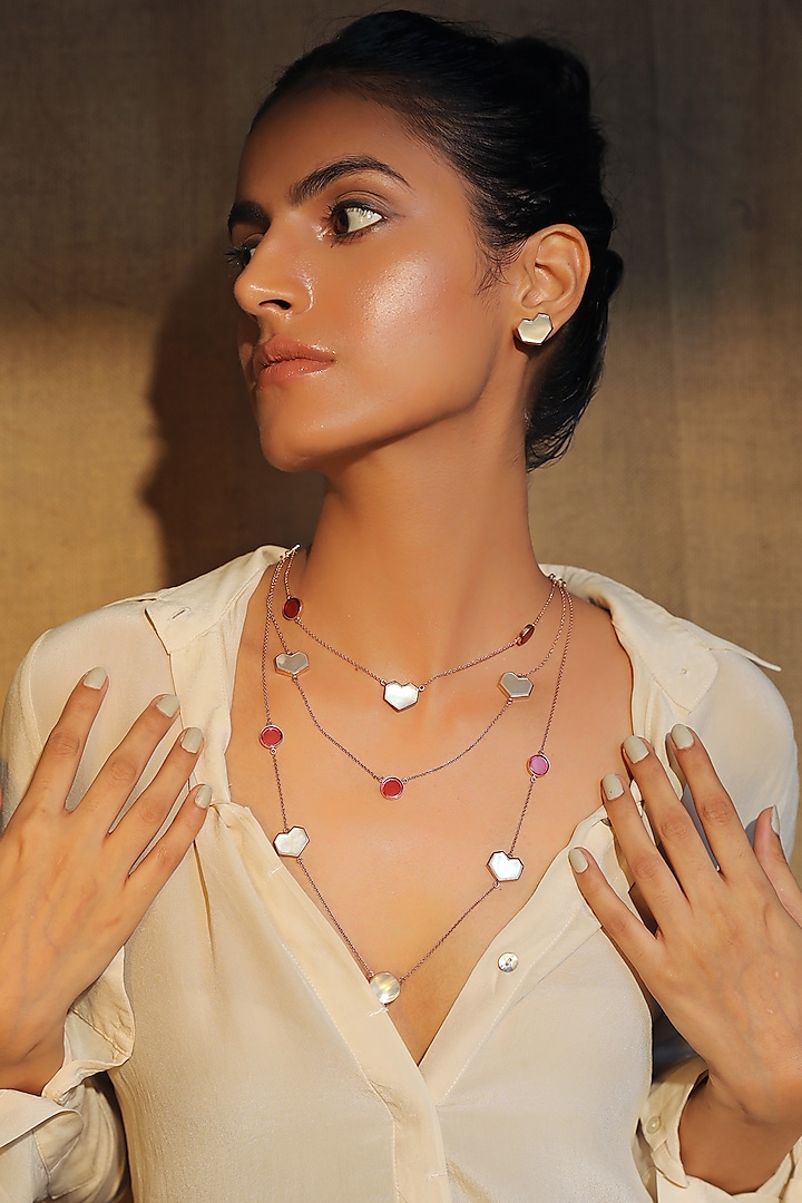 Rose Gold Plated Red Stone Long Necklace by Varnika Arora