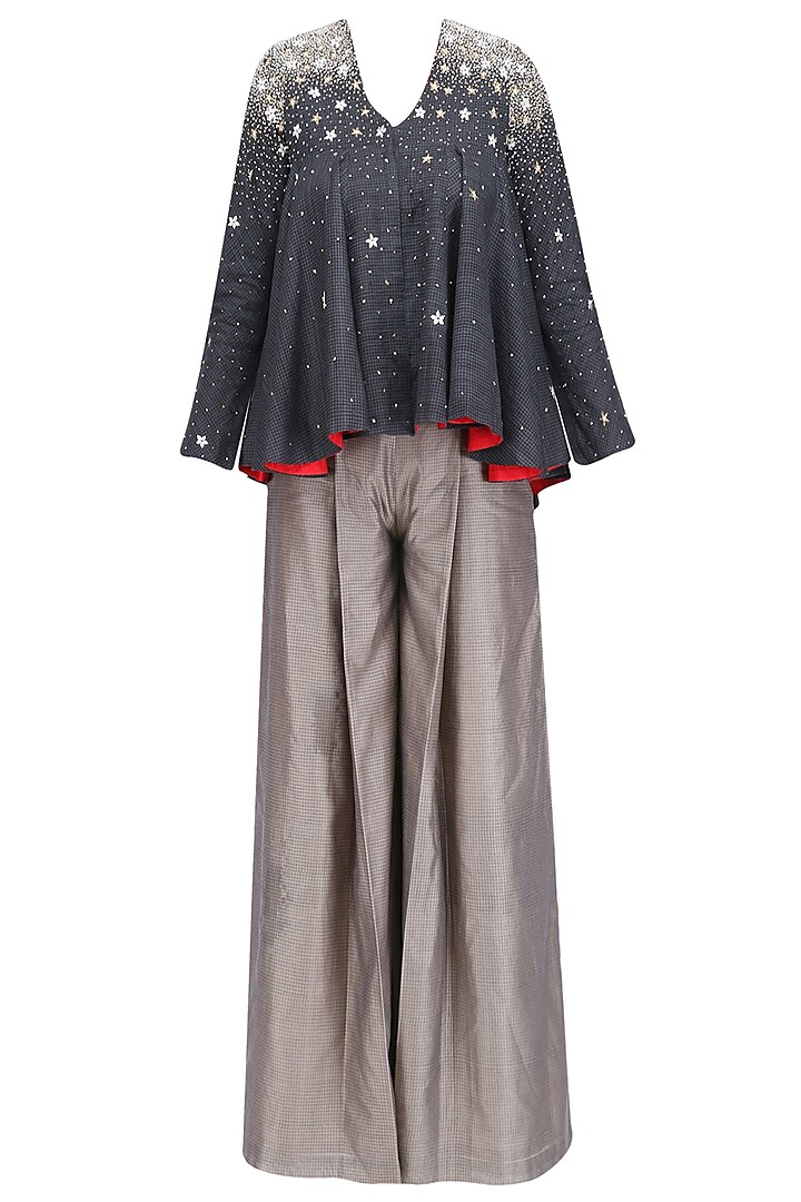 Charcoal Grey Embroidered Jacket with Beige Gold Angasutra Pants by Vineet Rahul