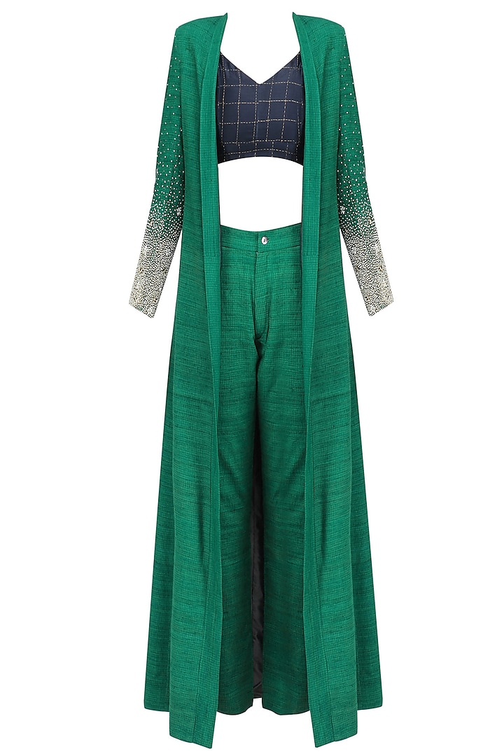 Green Embroidered Trench Coat with Sonjaal Bralette and Raw Silk Pants by Vineet Rahul