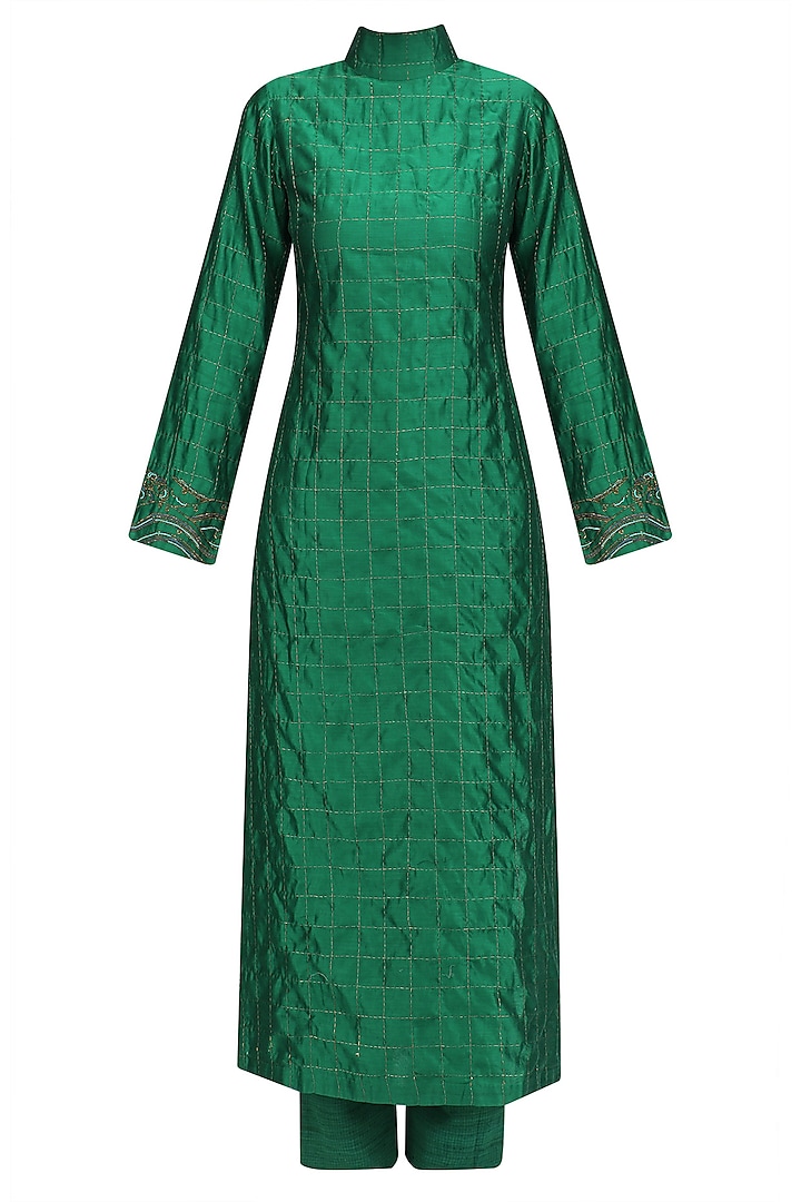 Green Embroidered Sonjaal Tutrle Neck Tunic and Pants Set by Vineet Rahul