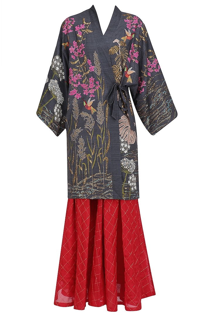 Charcoal Grey Embroidered Kimono Jacket with Sonjaal Skirt and Bralette by Vineet Rahul