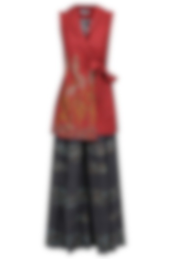 Red Sonphool Wrap Tunic with Charcoal Grey Pants by Vineet Rahul