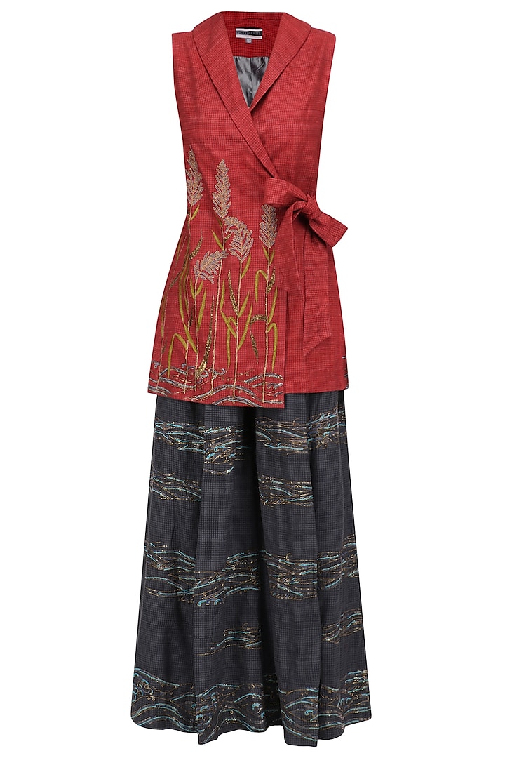 Red Sonphool Wrap Tunic with Charcoal Grey Pants by Vineet Rahul