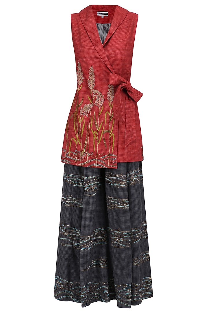 Red sonphool wrap tunic with charcoal grey pants available only at Pernia's Pop Up Shop.