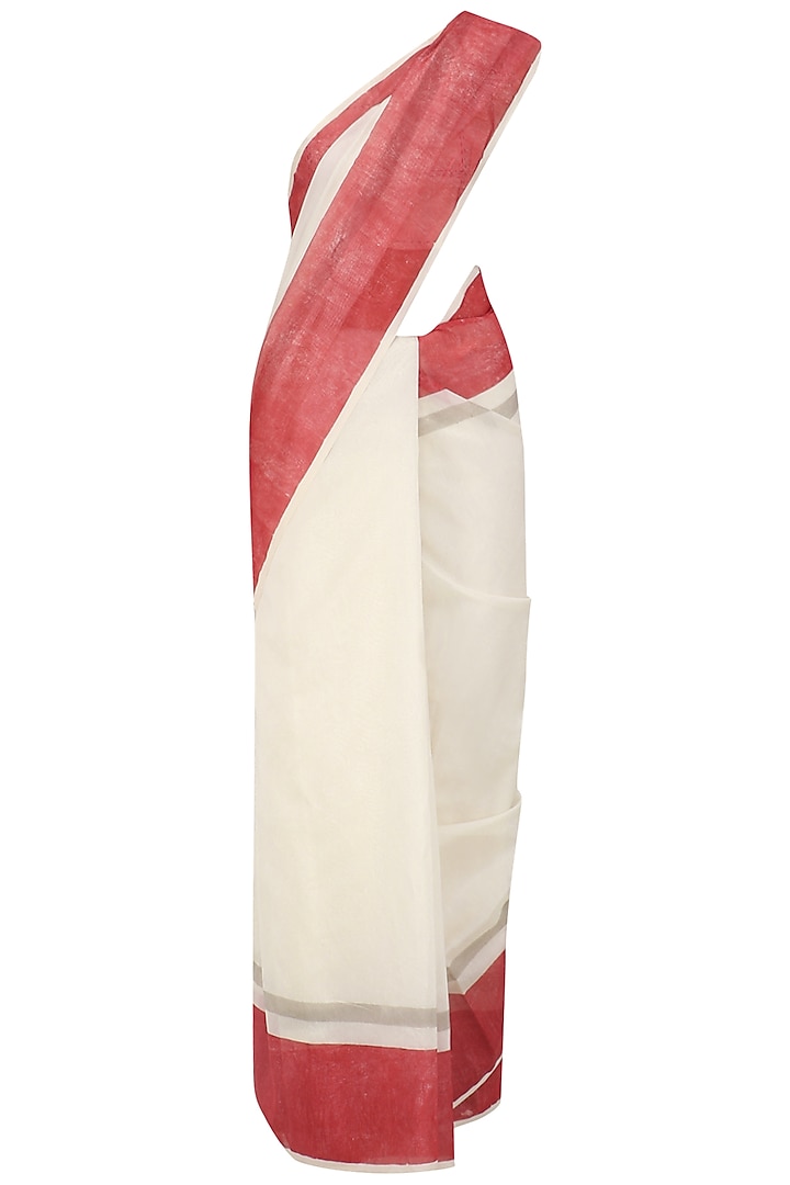 Ivory and Red Hand Blocked Print Saree with Underskirt by Vineet Rahul