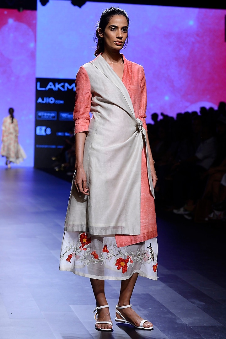 Ivory and Pink Block Print Wrap Tunic and Skirt Set by Vineet Rahul