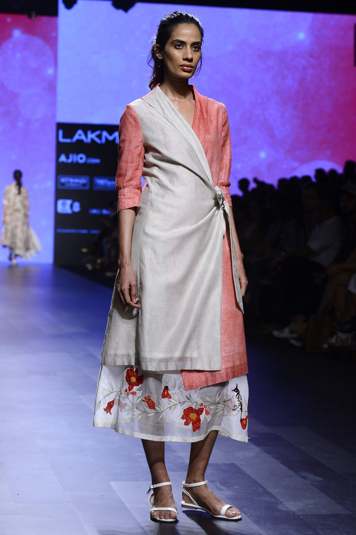 Ivory and Pink Block Print Wrap Tunic and Skirt Set by Vineet Rahul