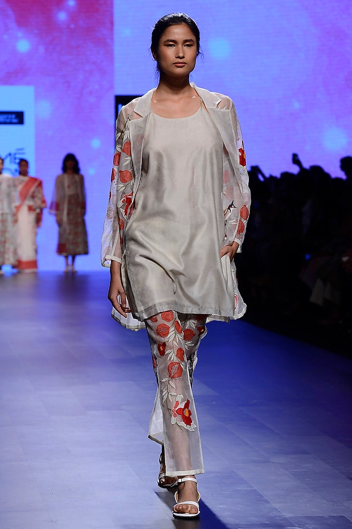 Ivory Hand Embroidered Pantsuit and Tunic Set by Vineet Rahul