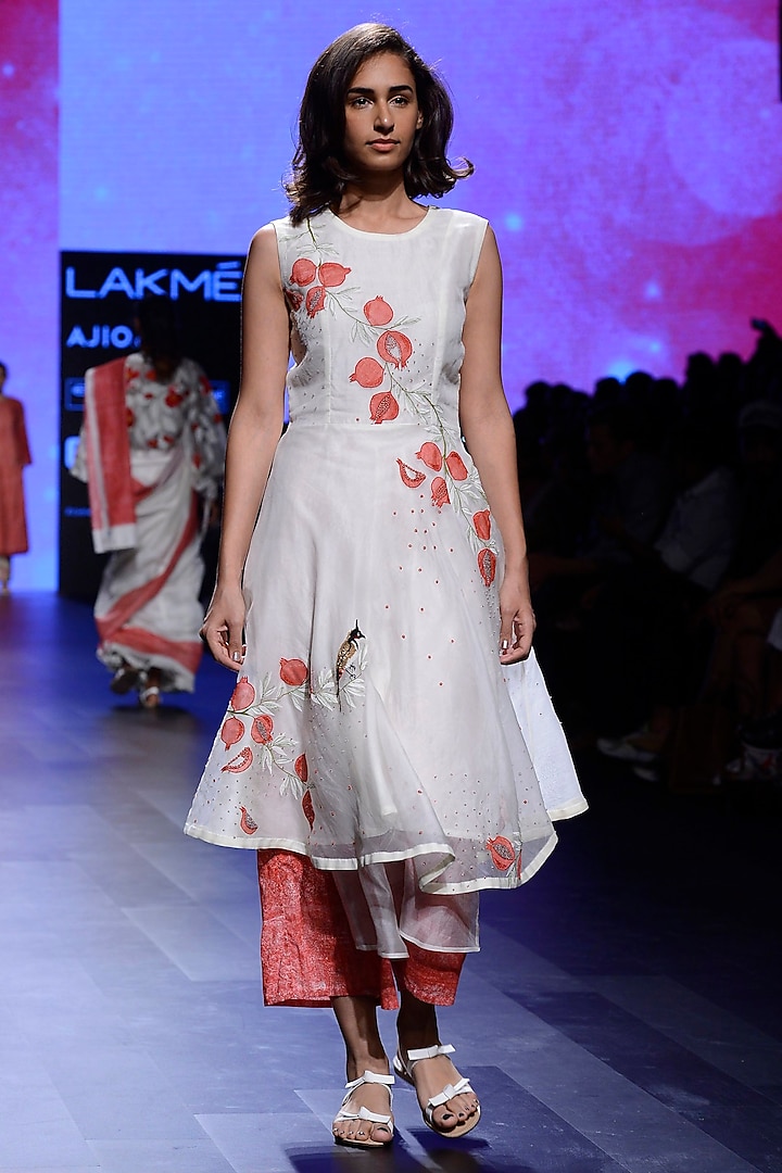 Ivory Hand Embroidered Flared Tunic and Layered Pants Set by Vineet Rahul