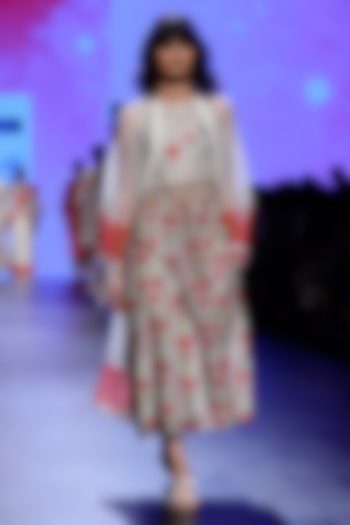 Ivory and Red Block Print Tunic and Cape Set by Vineet Rahul