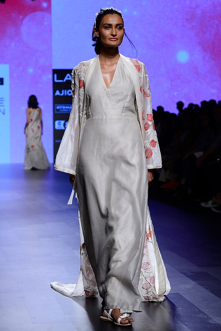 Ivory Floral Embroidered Cape with Tunic Dress by Vineet Rahul