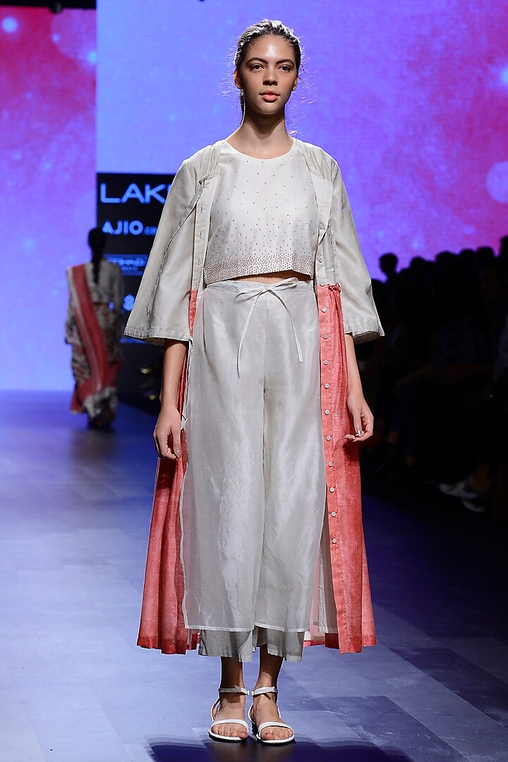 Ivory and Red Block Print Tunic and Pants Set by Vineet Rahul