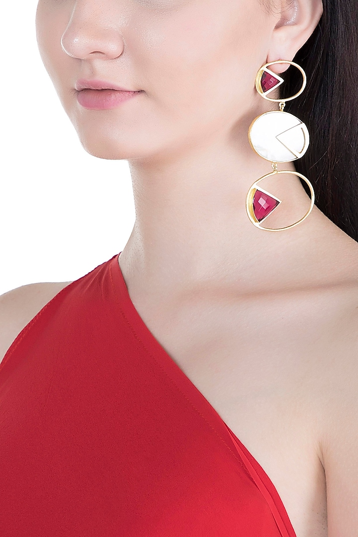 Gold Plated Handmade Pink Quartz & White MOP Geometric Earrings by Varnika Arora