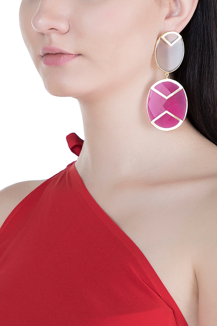 Gold Plated Handmade Pink Quartz & Grey Onyx Earrings by Varnika Arora