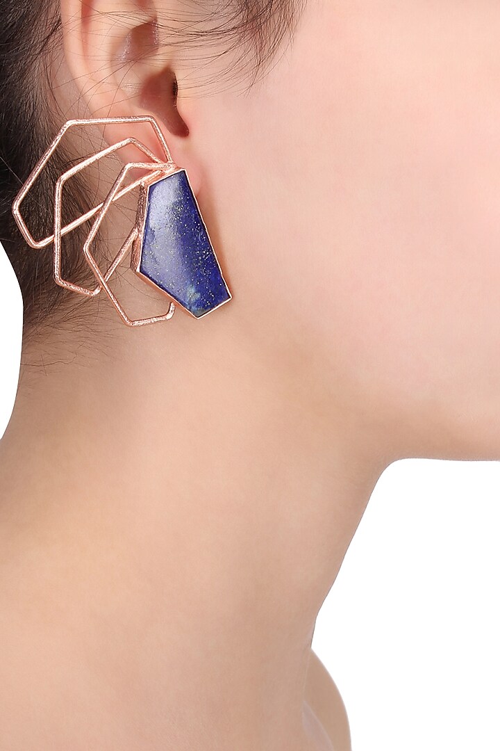 Rose Gold Plated Lapis Semiprecious Stone Earrings available only at Pernia's Pop Up Shop.