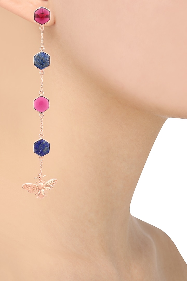 Rose Gold Plated Hydro Pink Quartz and Lapis Beeline Earrings by Varnika Arora