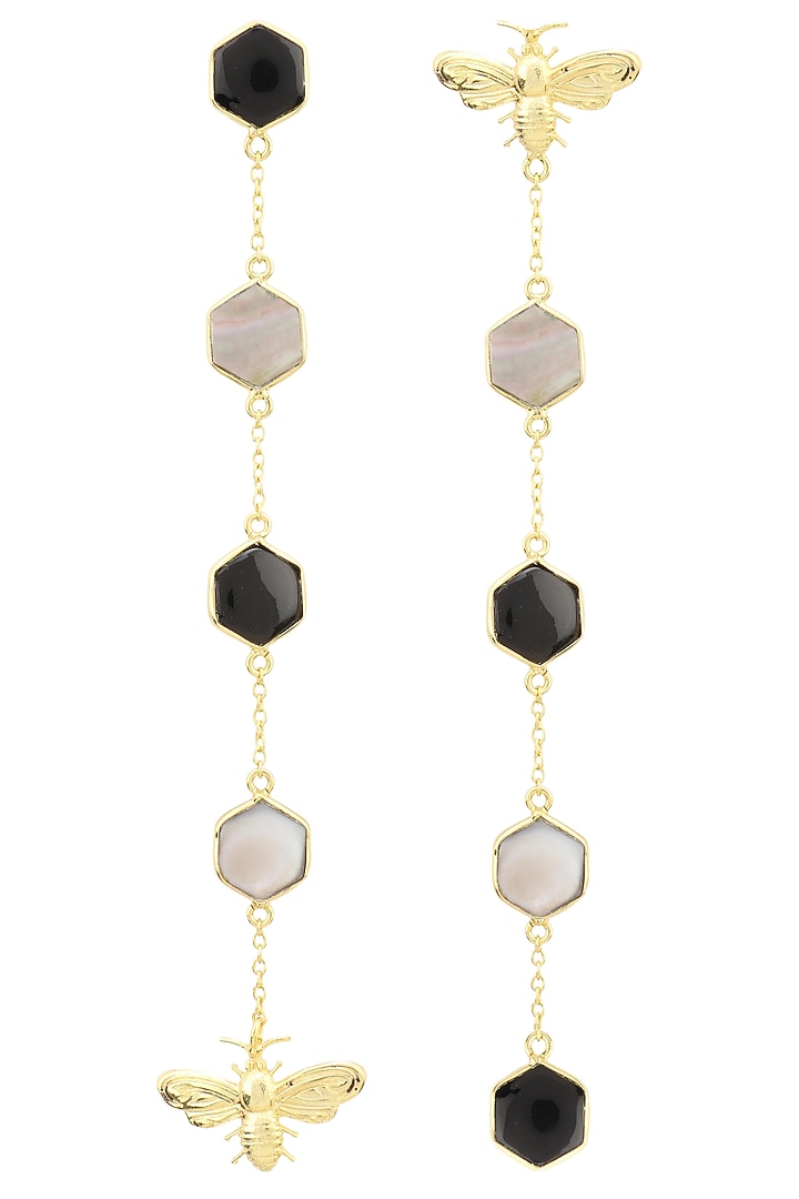Gold Plated Black Onyx and Mother Of Pearl Beeline Earrings available only at Pernia's Pop Up Shop.