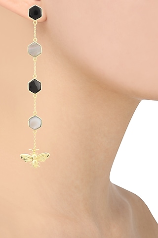 Gold Plated Black Onyx and Mother Of Pearl Beeline Earrings by Varnika Arora