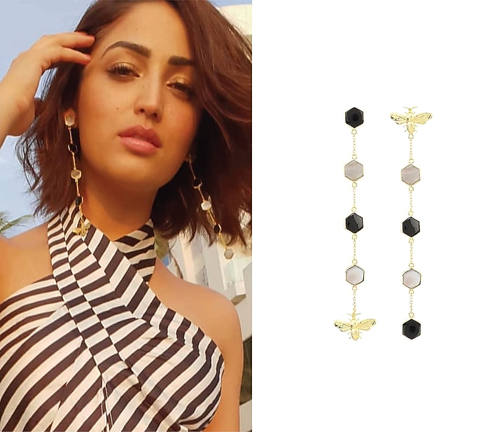 Gold Plated Black Onyx and Mother Of Pearl Beeline Earrings available only at Pernia's Pop Up Shop.