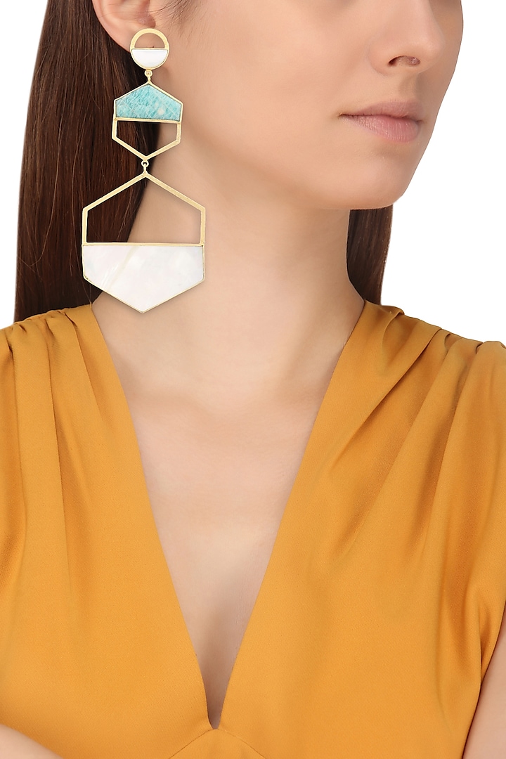 Gold Plated Amazonite and White Mother of Pearl Earrings by Varnika Arora
