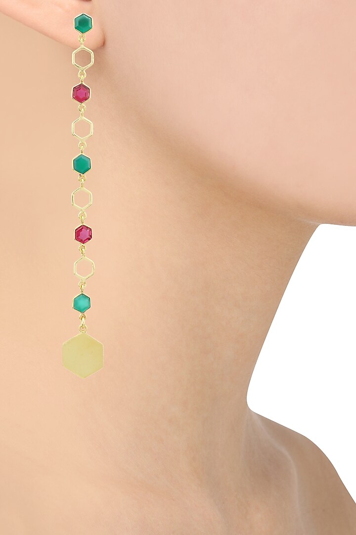 Gold Plated Hydro Pink Quartz and Green Onyx Bee Earrings by Varnika Arora