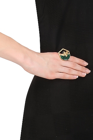 Gold Plated Malachite Stone Bee Ring by Varnika Arora
