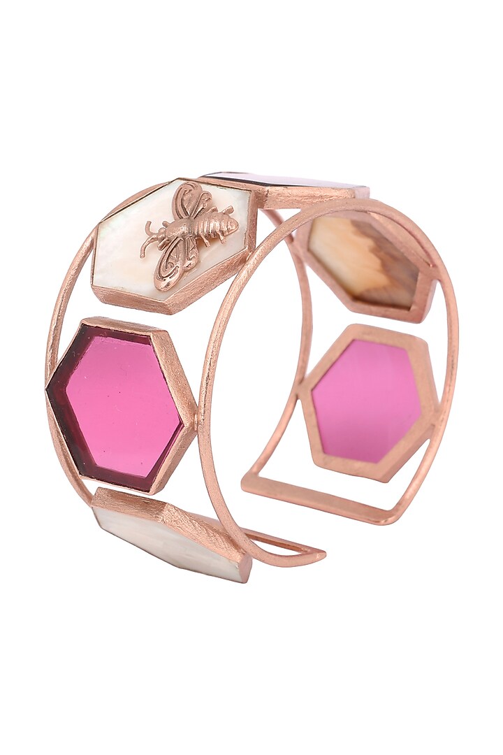 Rose Gold Plated Hydro Pink Quartz and White Mother Of Pearl Hand Cuff available only at Pernia's Pop Up Shop.