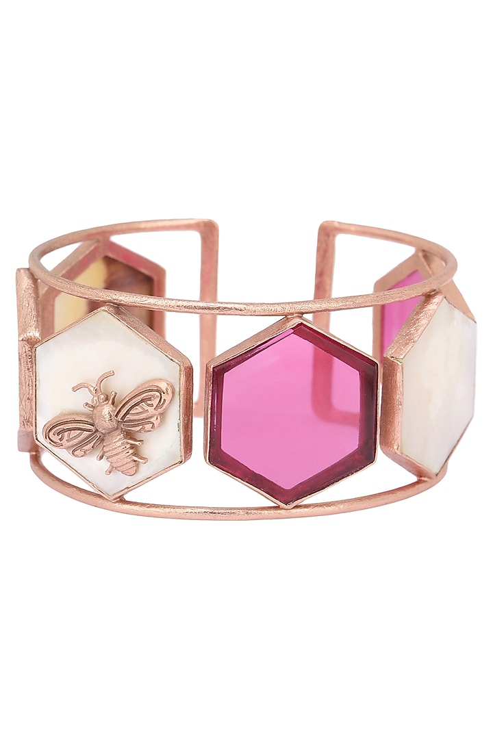 Rose Gold Plated Hydro Pink Quartz and White Mother Of Pearl Hand Cuff available only at Pernia's Pop Up Shop.