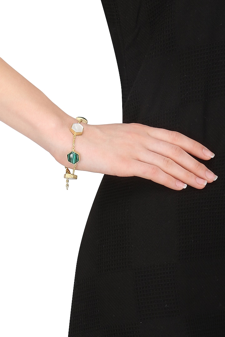 Gold Plated Malachite and White Mother of Pearl Bracelet by Varnika Arora