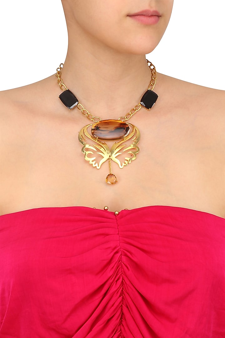 Gold Plated Black Onyx and Multi Chalcedony Statement Necklace by Varnika Arora