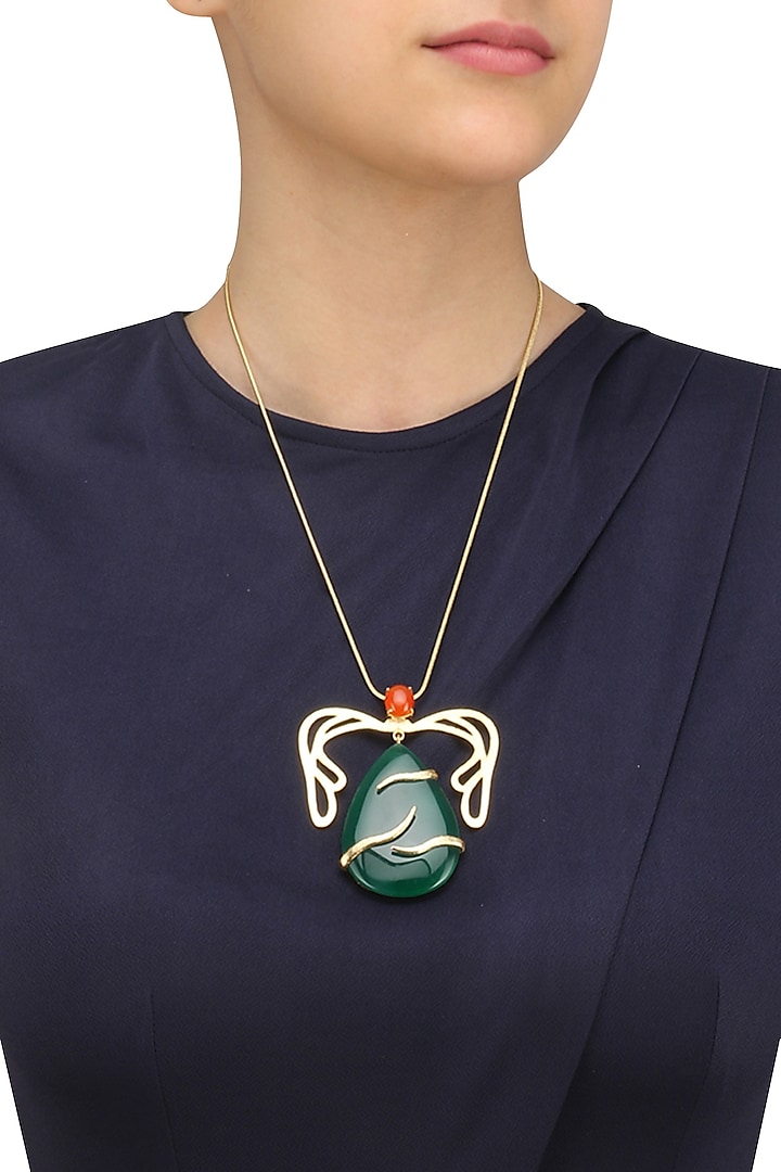 Gold Plated Green Onyx and Carnelian Pendant Necklace by Varnika Arora
